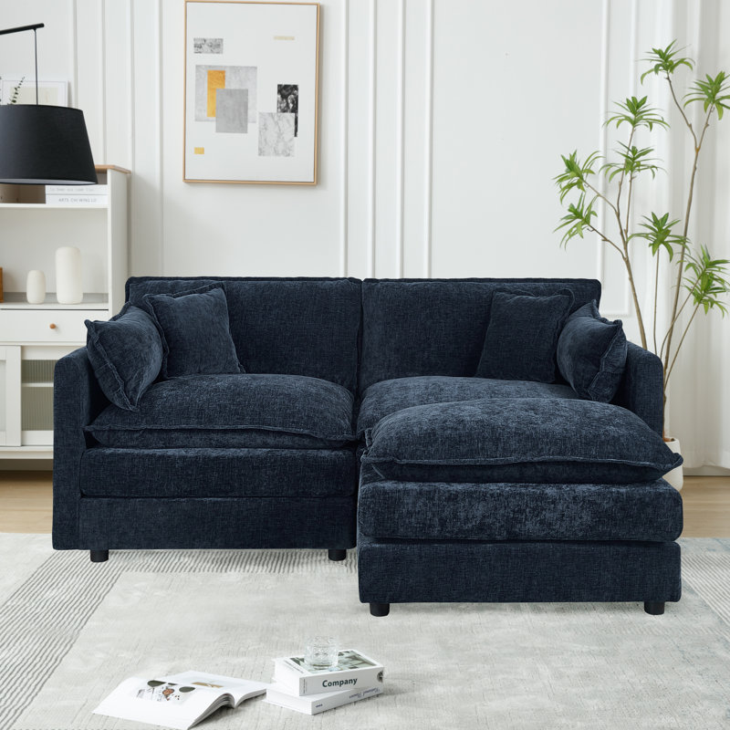 Canapé-lit en chenille moderne avec repose-pieds, Chenille bleu, H 33,85 po x l 77,16 po x P 35,82 po