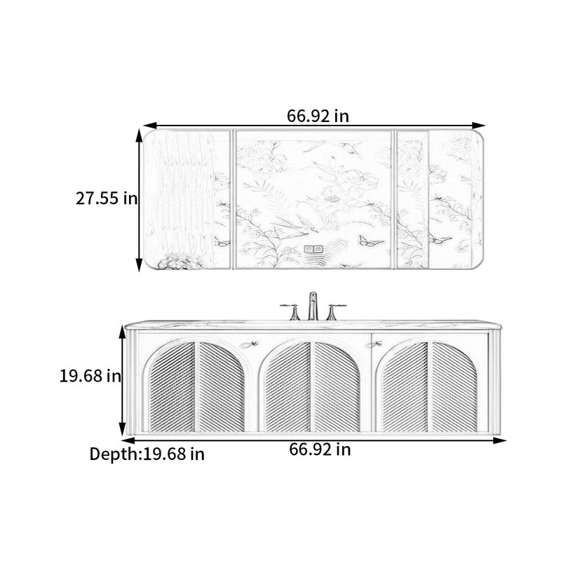 French retro style rest room bathroom cabinet, 19.68" H x 66.92" W x 19.68" D