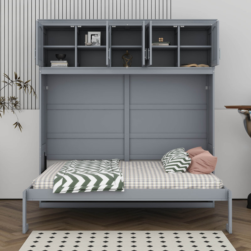 Grand lit escamotable, cadre de lit mural pliant avec armoires supérieures, commode de lit plateforme cachée avec support à lattes de bois