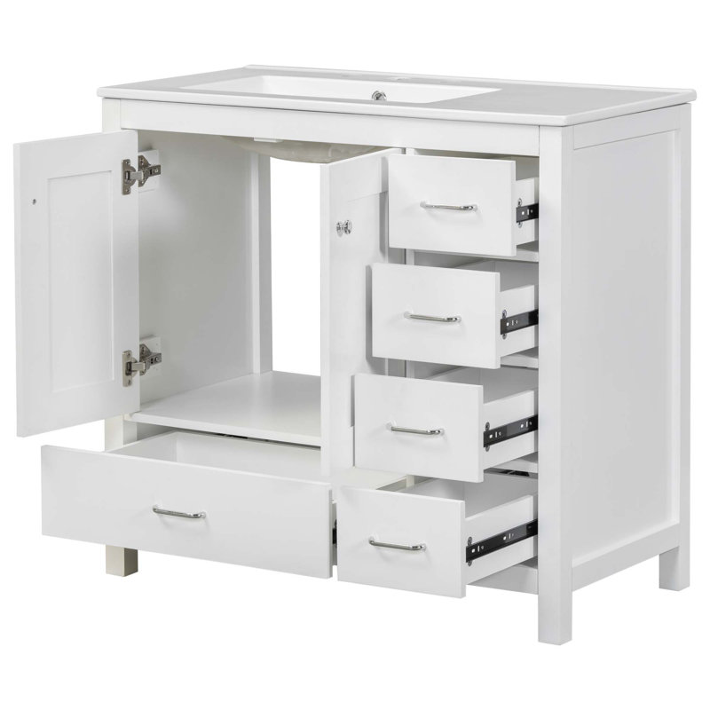 Meuble-lavabo de salle de bain avec lavabo en céramique, 2 portes à fermeture douce et 5 tiroirs