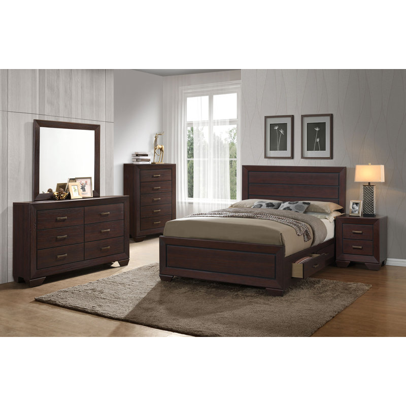 Ensemble de chambre à coucher, Très grand californien, Brun, 5 pièces : lit, table de chevet, commode, miroir