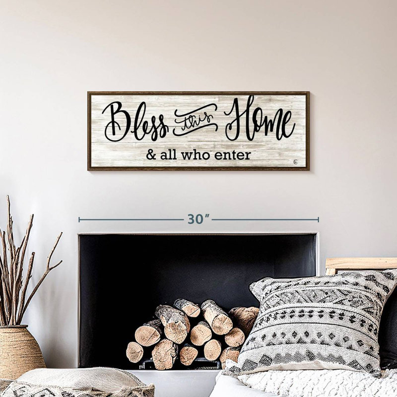 Plaque murale «Bless This Home», 28 po x 10 po, Cadre flottant noyer