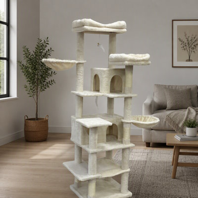Arbre à chat vert à plusieurs niveaux de 173 cm de hauteur avec hamacs, panier suspendu, grotte pour chat, coussin amovible et poteaux à griffer - Tour à chat en peluche pour chats d'intérieur, idéal pour plusieurs chats