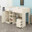 Structure de lit en bois avec garde-robe intégrée, bureau, tablettes de rangement et tiroirs-131273575