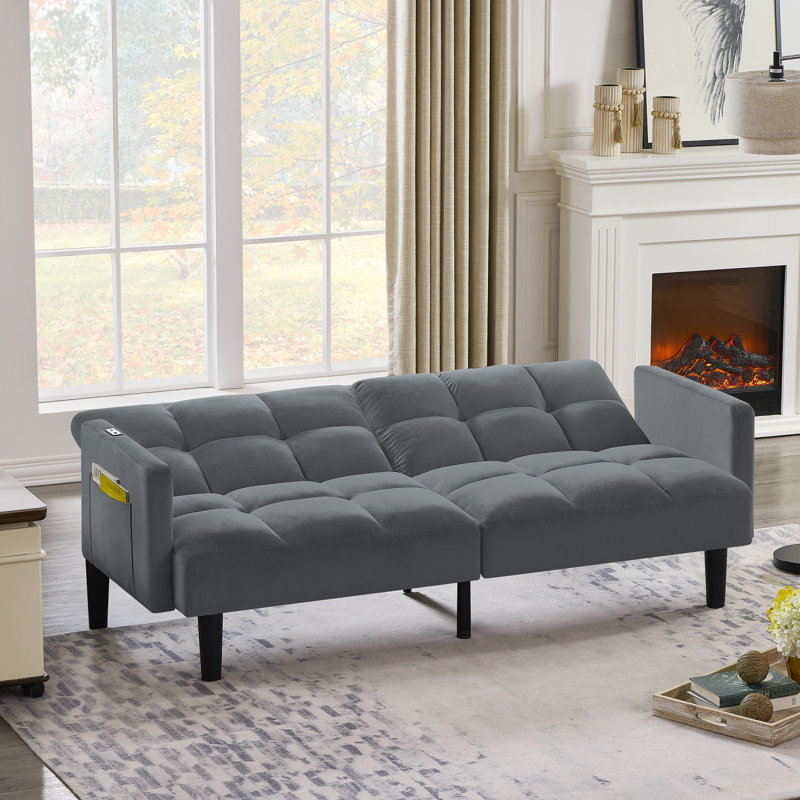 Velvet Futon Couch Convertible, Gris