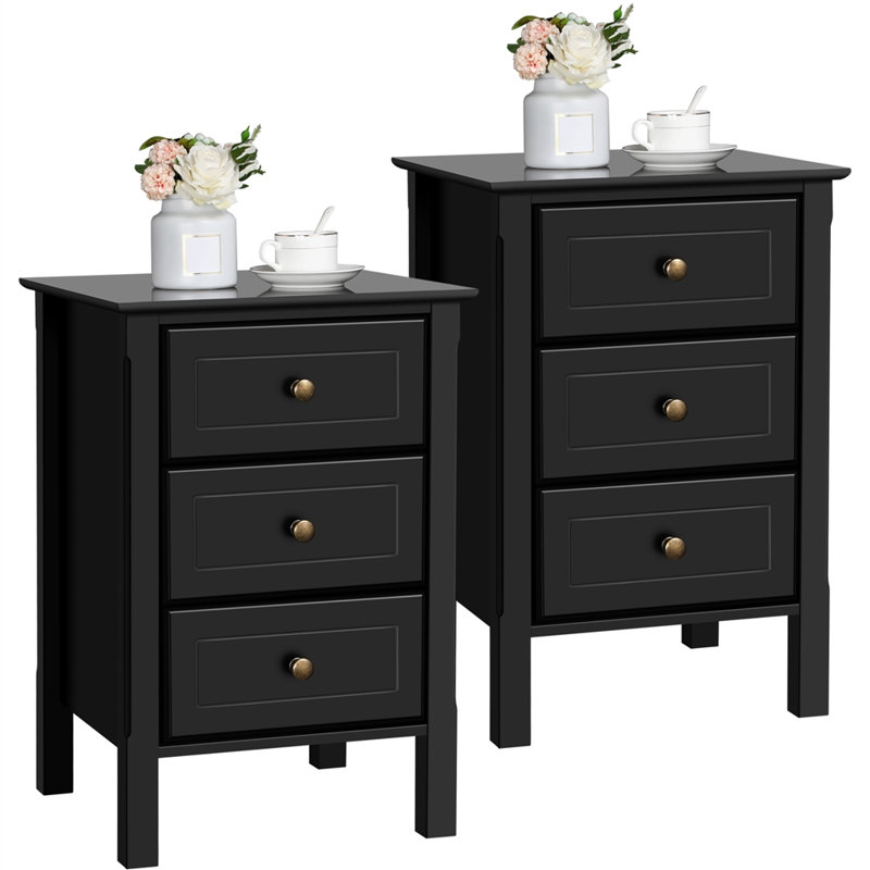 3-Drawer Nightstands, 24" High Bedside Tables, Black