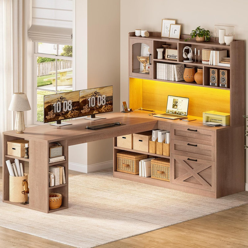 Farmhouse L Shaped Office Desk With Drawers, Natural