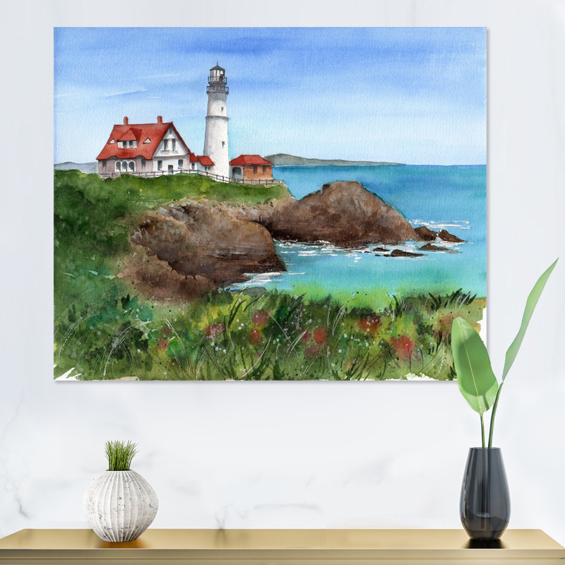 Phare au bord de l'océan - Peinture sur toile, H 16 po x l 32 po, Toile tendue