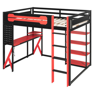 Lit mezzanine double en bois avec bureau, tablettes, prise de courant, ports USB / Type-C et lumière RVB