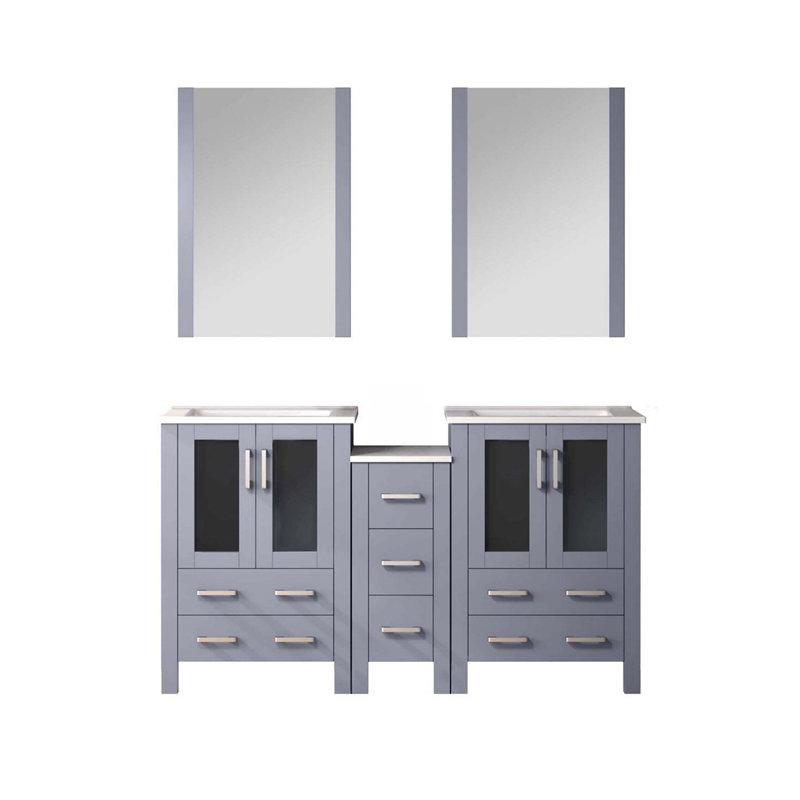 Meuble-lavabo double avec armoire latérale, comptoir en céramique blanche et miroirs