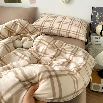 Soft Washed Microfiber Beige Neutral Gingham Plaid Duvet Cover Set Minimalist Farmhouse Bedding Set With Zipper Closure