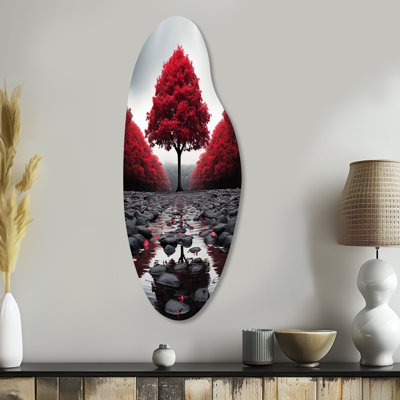 «Red and Grey Forest Serenity - Asymmetric Forest Wall Art», reproduction de sculpture murale en métal courbé