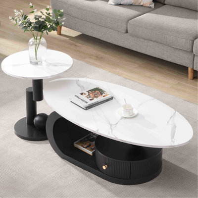 Ensemble de 2 tables gigognes de luxe, tables avec rangement pour le salon, ensemble de tables ovales et rondes, table centrale, table basse
