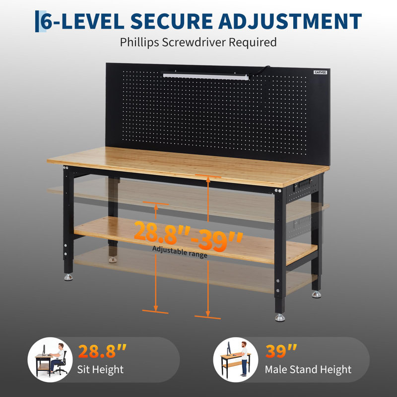 Établi mobile à hauteur réglable avec panneau perforé, table de travail 60 x 22 po pour garage et atelier - multiprise, rangement, roues verrouillables - avec gants