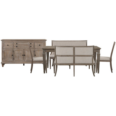 Extendable Rectangular Dining Table 2 Upholstered Benches And 2 Side Chairs And Server