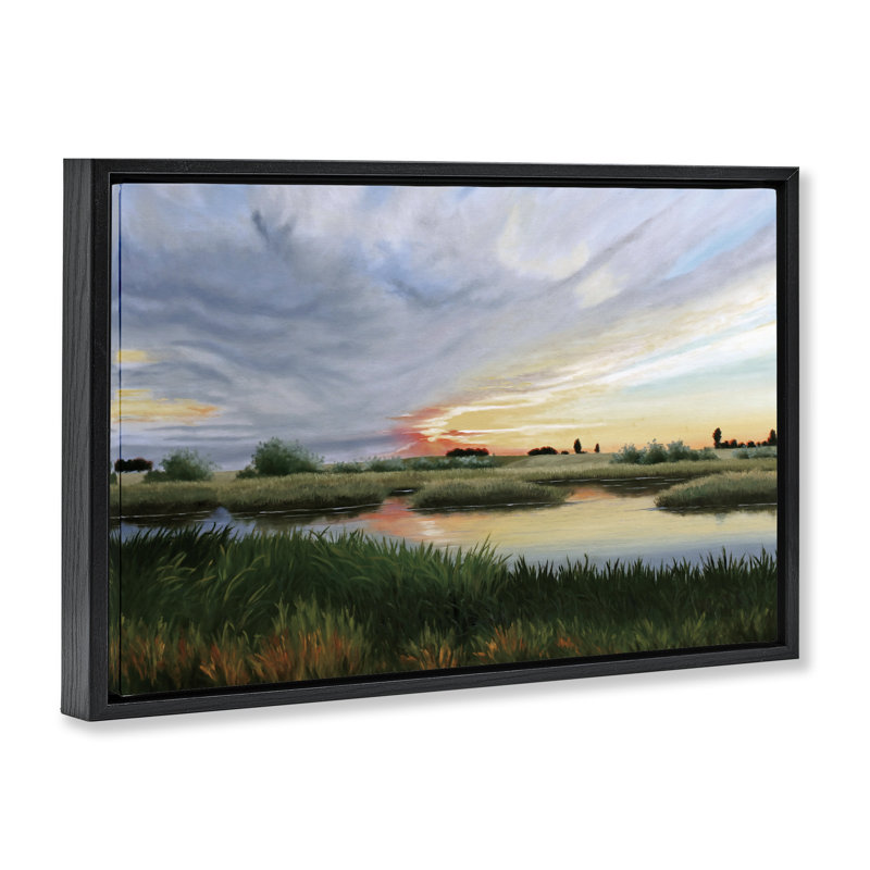 Cadre flottant Sunrise Over Pond, design par Julie Peterson, Cadre flottant noir de jais, H 17 po x l 25 po