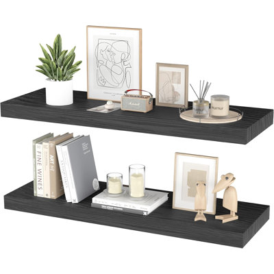 Modern Black Floating Wall Shelves - , Set Of 2, Sturdy Invisible Brackets For Decor