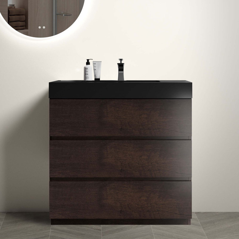 Meuble-lavabo autoportant moderne avec lavabo sans drain et robinet, Noyer, Noir
