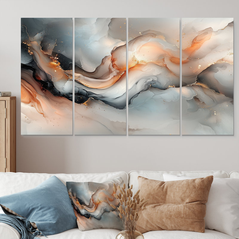 Marbre abstrait dans des tons roses et bleus - ensemble d'art sur toile marbrée, H 32 po x l 64 po
