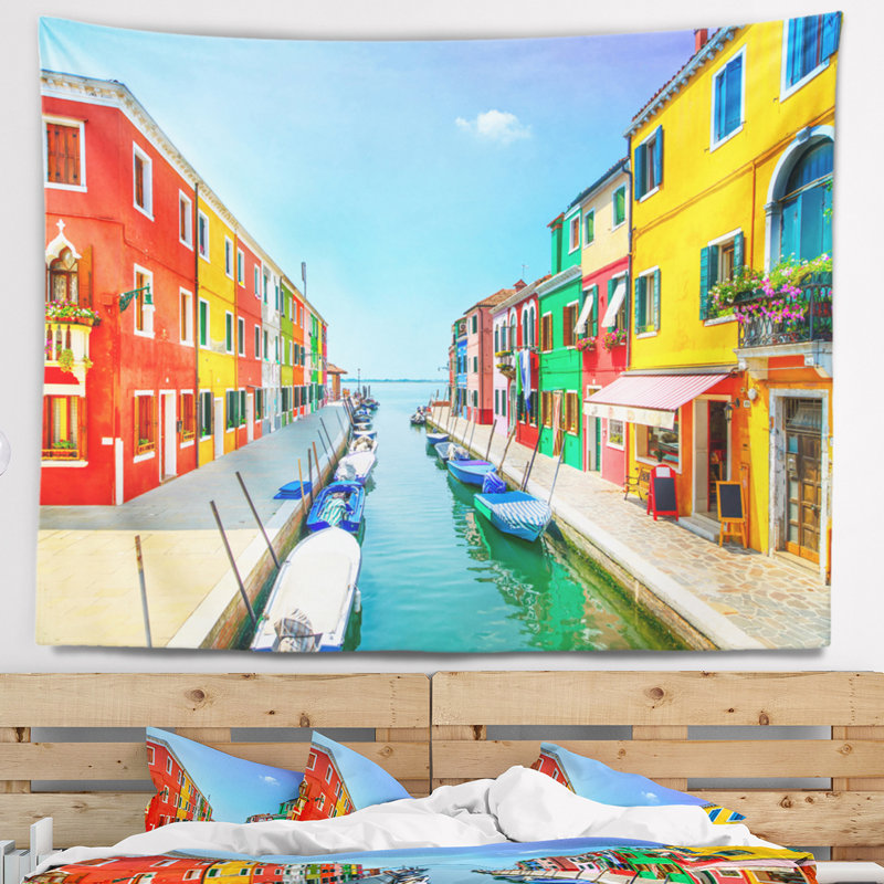 Tapisserie burano de canal de venice de couleur paysage island, H 32 po x l 39 po