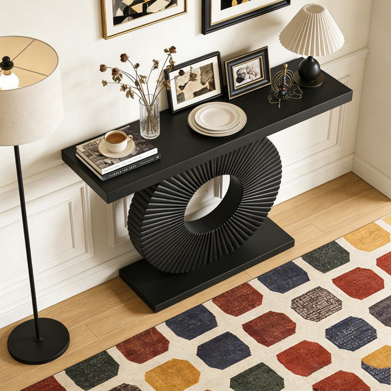Modern Wood Sofa Table with Geometric Base, Black