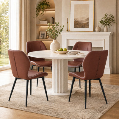 Modern Upholstered PU Leather Dining Chair, Ergonomic Side Chair with Black Metal Legs, Reddish Brown (Set of 4)