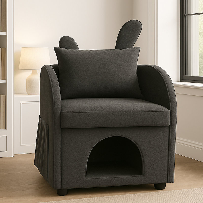 2-In-1 Bunny Ear Accent Chair & Pet Hideaway Cubby, Scratch-Resistant Pet-Friendly Upholstered Chair With Side Pocket, Easy Assembly Compact Chair For Small Spaces Living Room Kids Room, 27.4 X 25.2 X 37.4 Inch