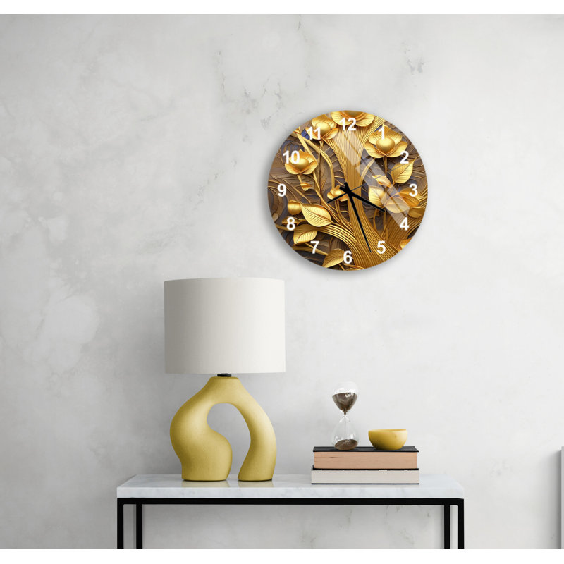 Luxe Abstract Golden Tree of Life Tempered Glass Non-Ticking Wall Clock, White