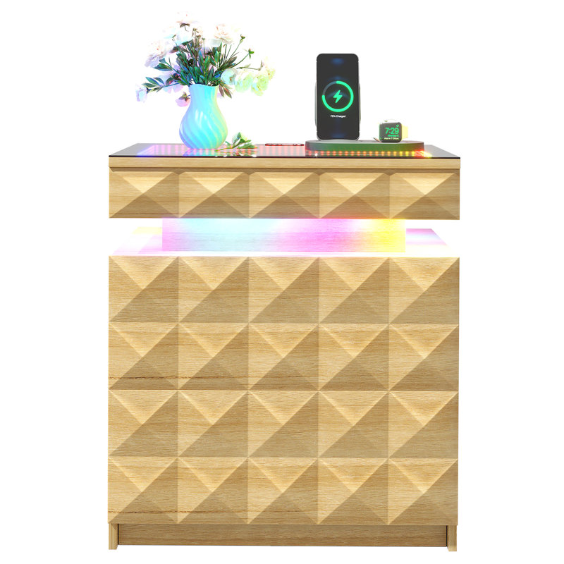 2-Drawer Nightstand with Adjustable RGB Light and Human Body Detection,Fashionable Mirror Visual Design Bedside Table with Charging Station