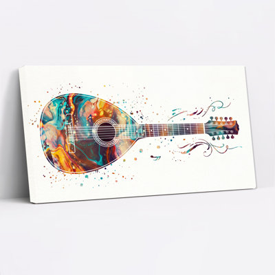 Tableau sur toile représentant une guitare acoustique marbrée turquoise et orange avec des notes de musique