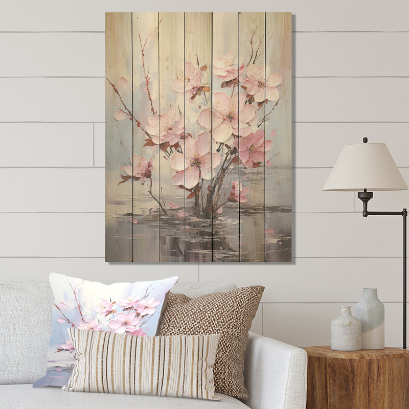 Fleur rose et grise fuchsia Serenity Blooms I - Fuschia sur bois, H 40 po x l 30 po