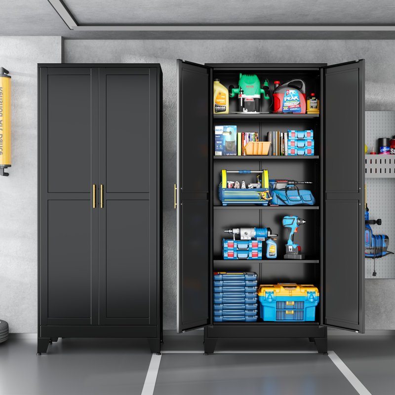 Metal Tall Garage Storage Cabinet with 5 Adjustable Shelves for Bathroom Kithcn Pantry , Black