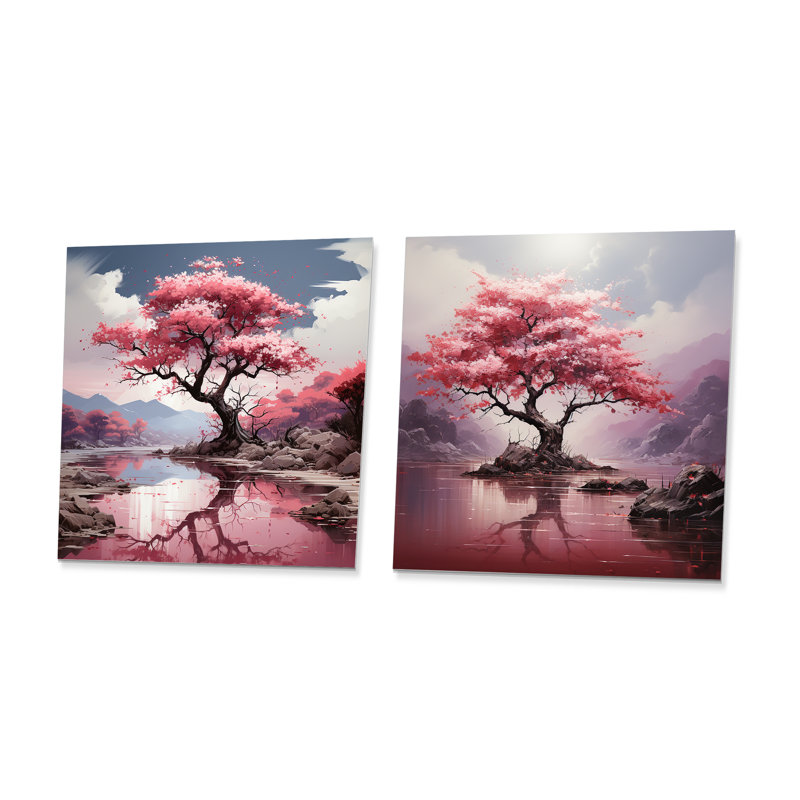 Cerisier rose en fleurs dans la rivière I - Ensemble de 2 reproductions d'art en métal, H 16 po x l 32 po