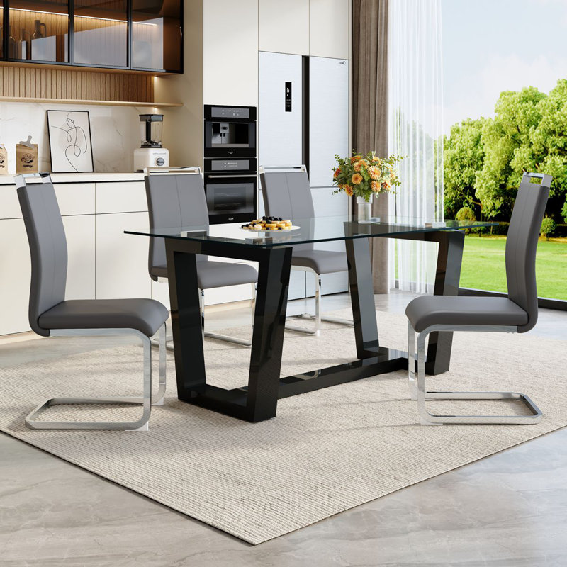 63'' Dining Table Set For 4–6 People, Modern Tempered Glass Kitchen Table With Faux Leather Chairs, Gray