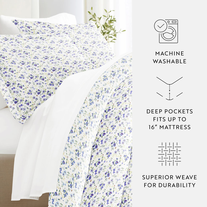 California King Blue Floral Polyester Bedding Bundle