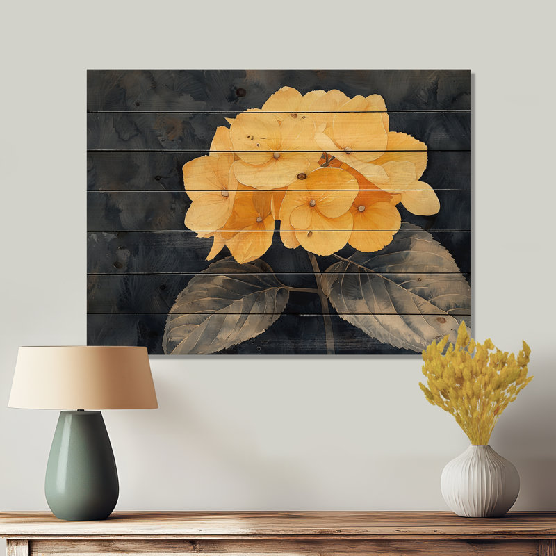 Yellow Hydrangea Focus I - Hydrangea Wood Wall Decor - On Natural Pine Wood, 10" H x 20" W
