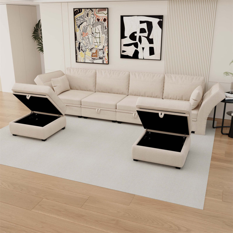 Large canapé et méridienne réversible avec repose-pieds, Lin beige