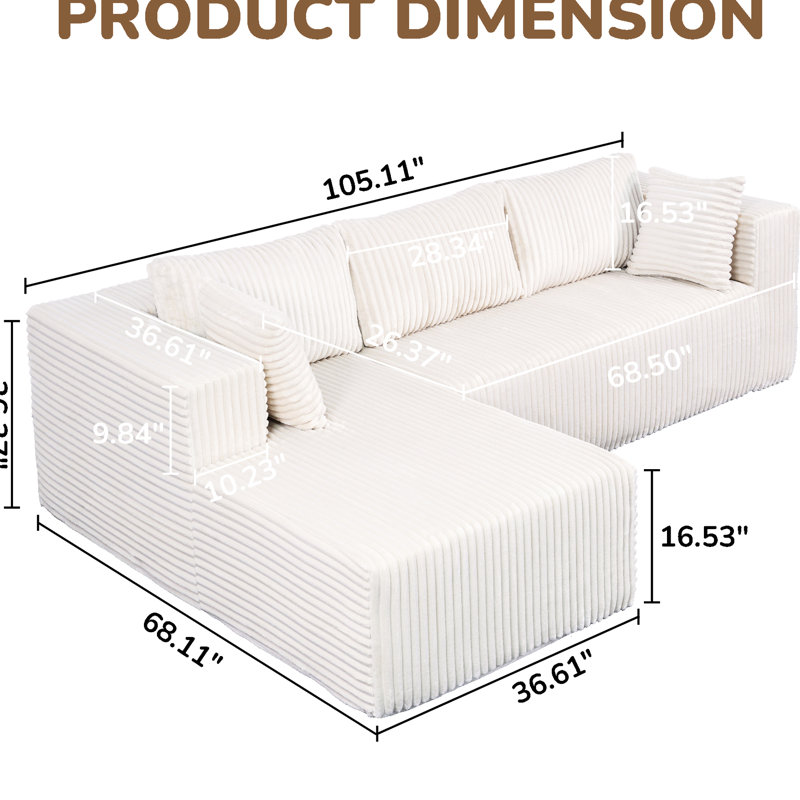 105" L-Shaped With Corduroy Fabric And Memory Foam Filling, Ideal For Small Apartments Bedrooms, Spring- Safe Pets, High Posture Adaptation, Sagging Structure, Compressed Space Saving, Odor- , Modern