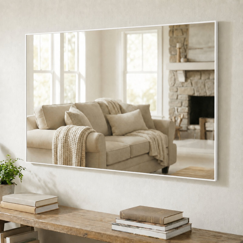 Miroir mural en métal pour salle de bain et meuble-lavabo, collection Kristveig, Rectangulaire, Blanc pur, 28 po x 48 po