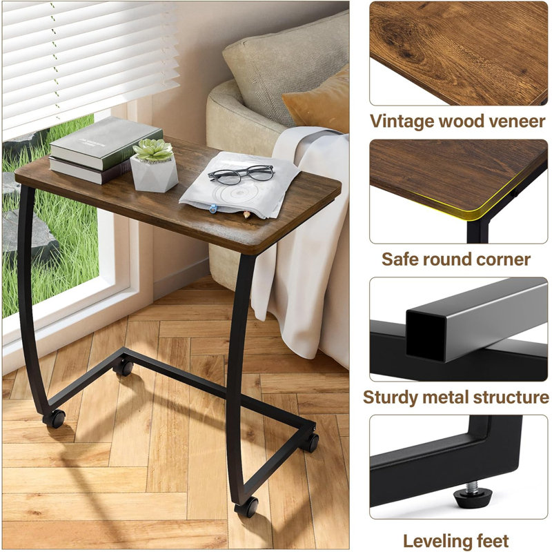 C-Shaped End Table With Rolling Wheels,Rustic Sofa Couch Table For Laptop Coffee Snack, Dark Walnut