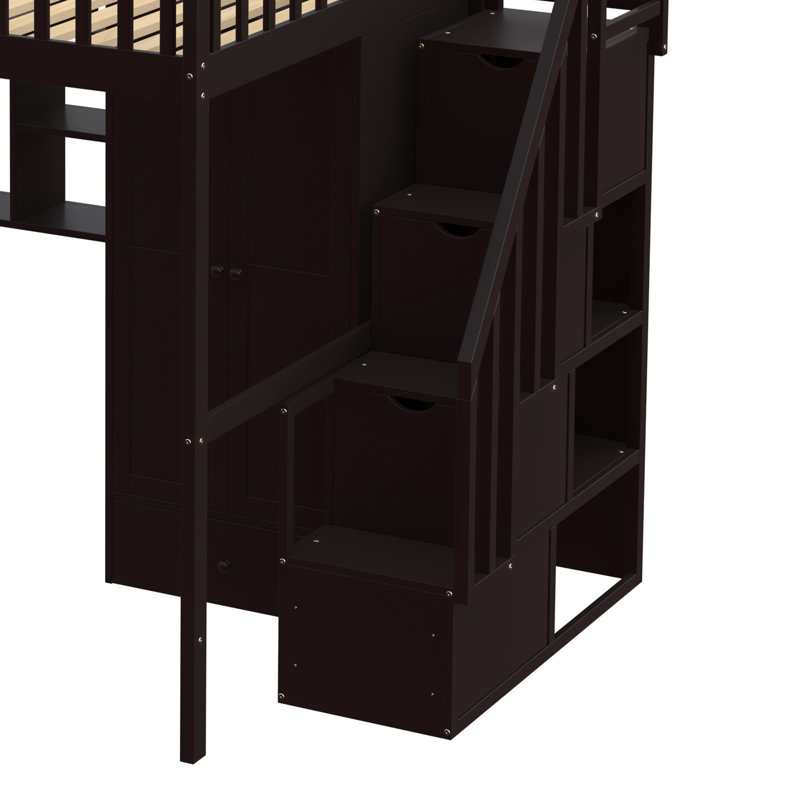 Lit mezzanine Gunjan avec bibliothèque, tiroirs, bureau et garde-robe, Espresso, Complète