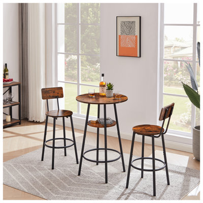 Ensemble de tabourets de bar ronds rustiques brun avec dossier et tablettes de rangement - Siège de bar à hauteur de comptoir de cuisine avec structure en fer