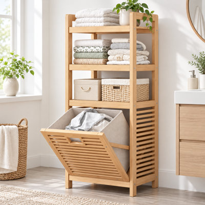 Armoire à linge autoportante Nasira en bois massif et bambou, 38 cm de large, avec panier à linge intégré.