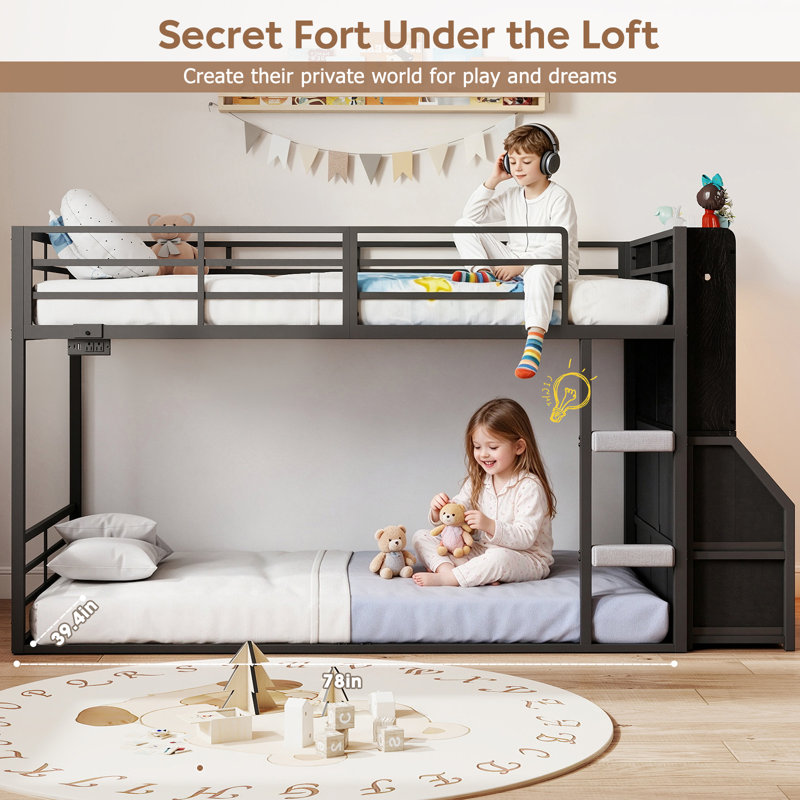 Twin Over Twin bunk Bed with LED and Storage Shelves and Drawer，Metal Floor Bunk Bed with Safety Guardrail, Bunk Bed for Kids