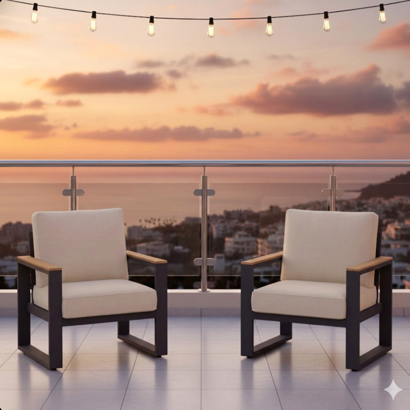 Set Of 2 26.6" All-Weather Aluminum Patio Armchairs With Thick Cushions, Beige