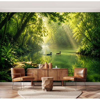 Wall Mural Peel and Stick mallard Forest River sunlit green Sunlight Ducks Swimming Peaceful Large Wallpaper Self-Adhesive Removable Contact Paper Wall Decor for Living Room Bedroom Nursery 69"H x 96"W