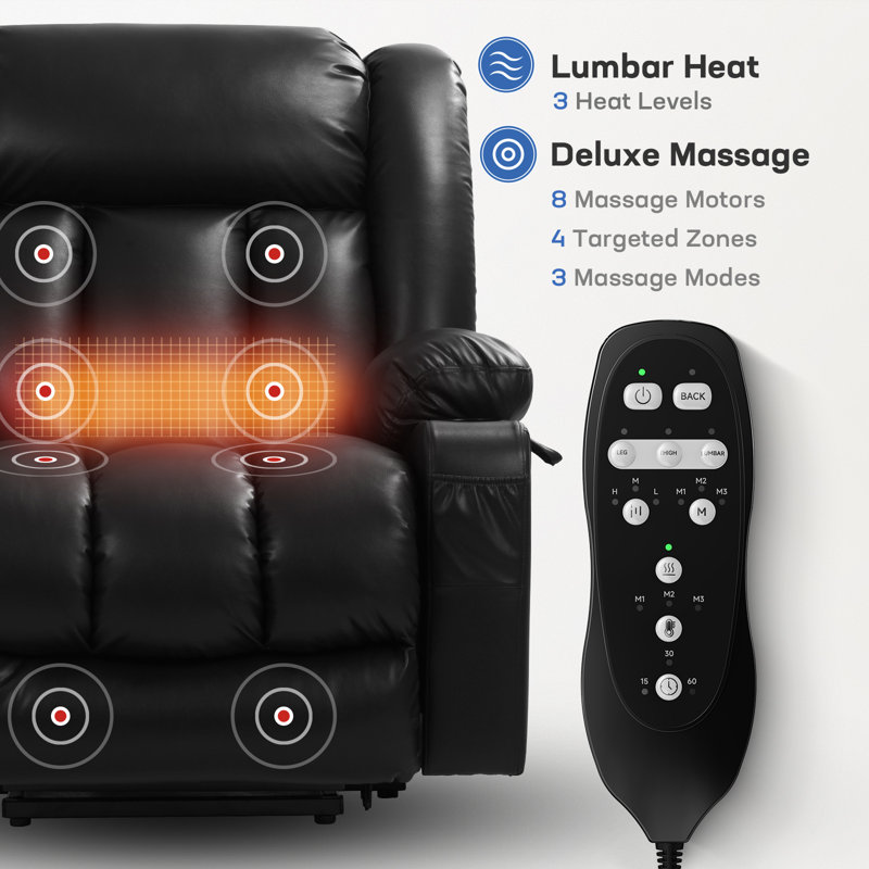 Dual Motor Power Lift Chair Recliner for Elderly with Massage and Heat, Infinite Position Electric Lift Recliner with USB A&C, Cup Holders (T6010 - Faux Leather, Black, Medium)