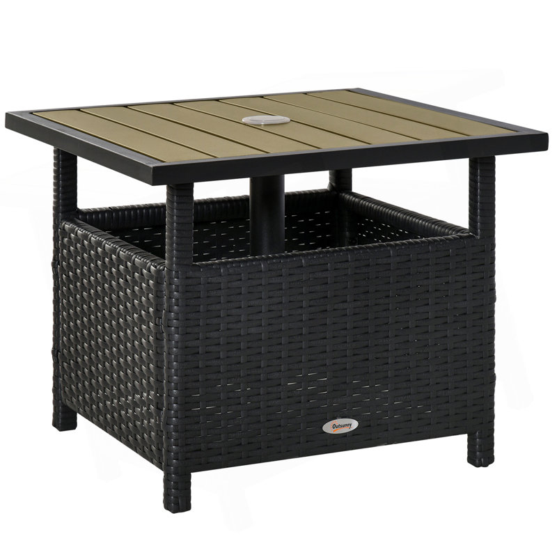 22'' Rattan Wicker Side Table With Steel Frame, Umbrella Insert Hole, Sand Bag For Outdoor, Patio, Garden, Backyard, Black & Tan