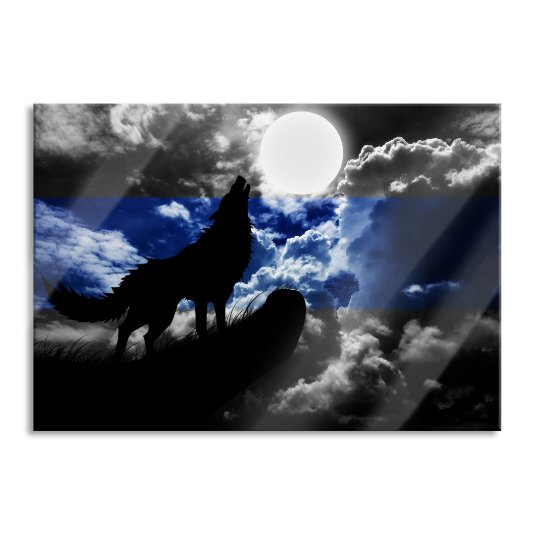 Glasbild Wolf Silhouette im Vollmond