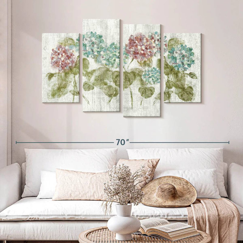 Harnek, rangée vibrante d'hortensias sur bois, H 32 po x l 52 po